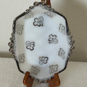 Vintage Small Milk Glass Tray Bowl with Silver Painted Clovers